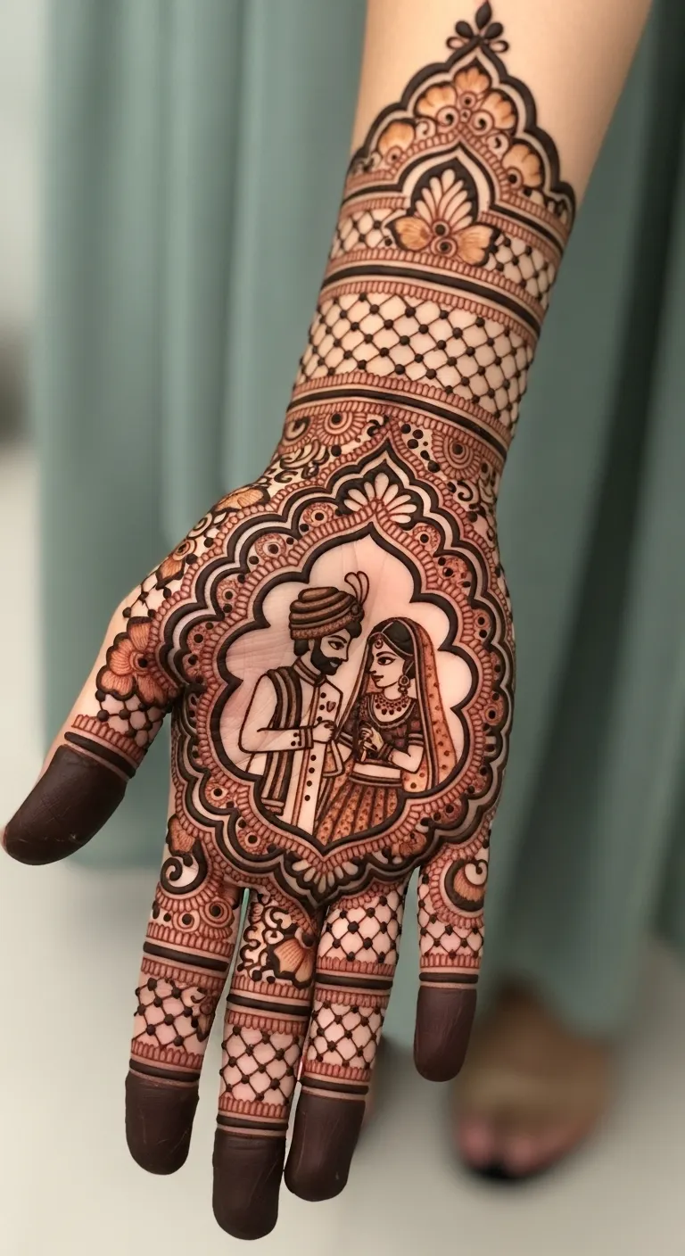 Bridal left hand mehndi with dulha dulhan figures