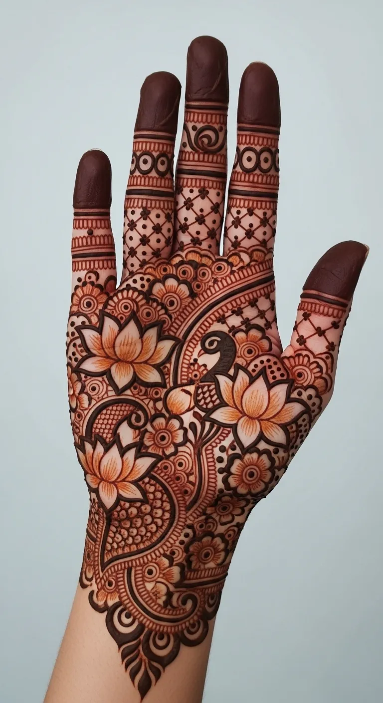 Bridal peacock lotus mehndi on left hand