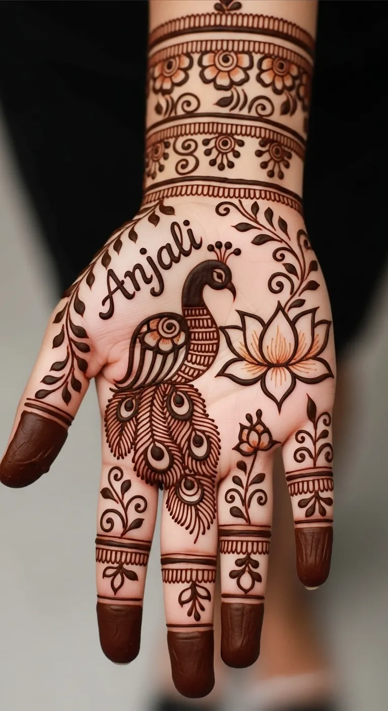Bridal name mehndi with peacock and lotus