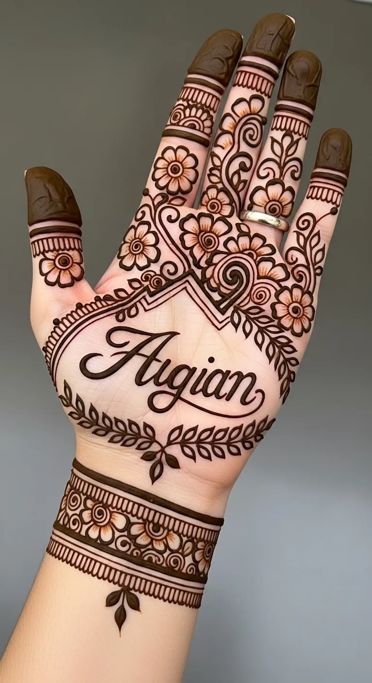 Calligraphy name mehndi on wrist with leaves