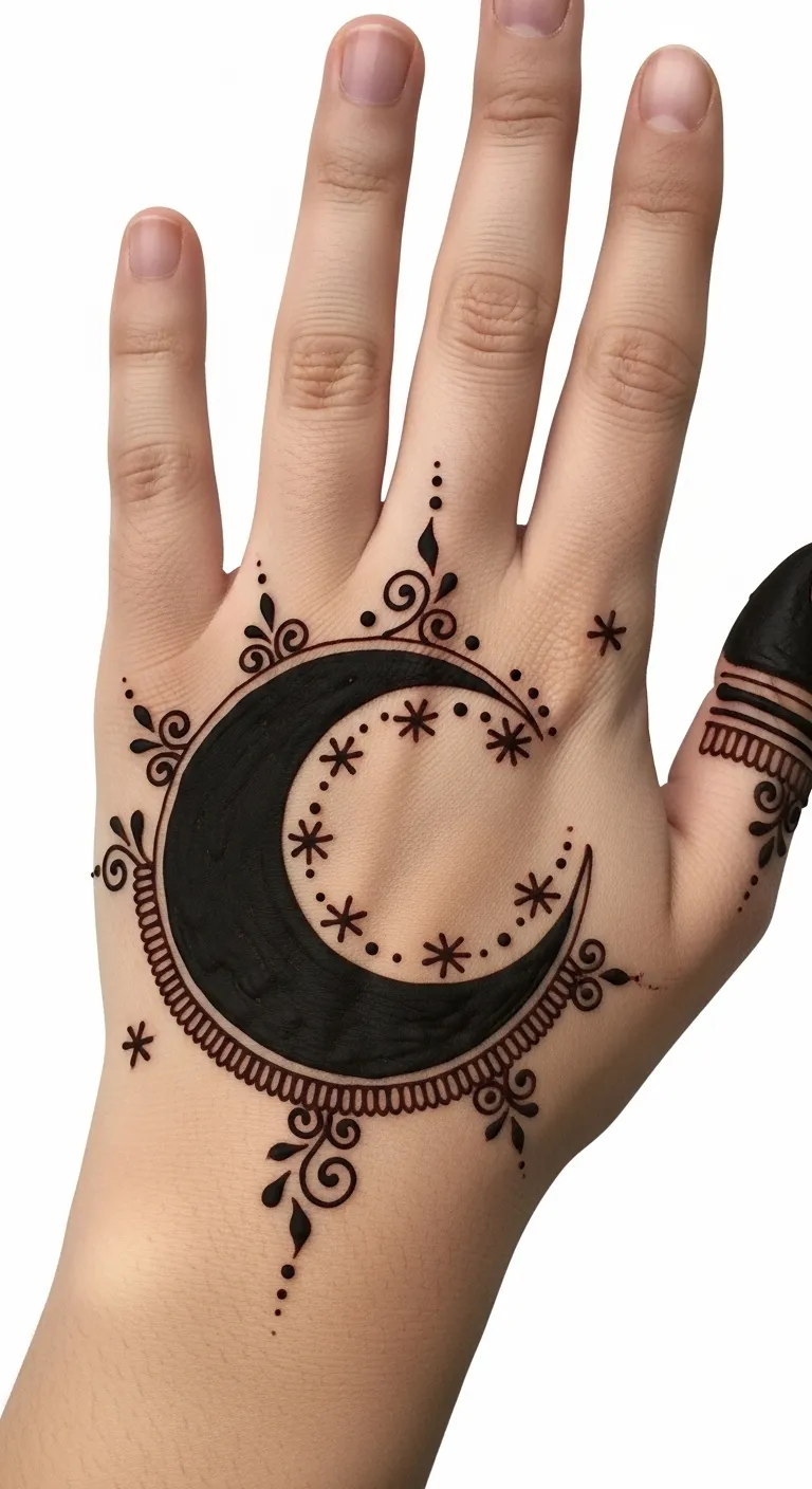Bold shaded chand mehndi on back hand