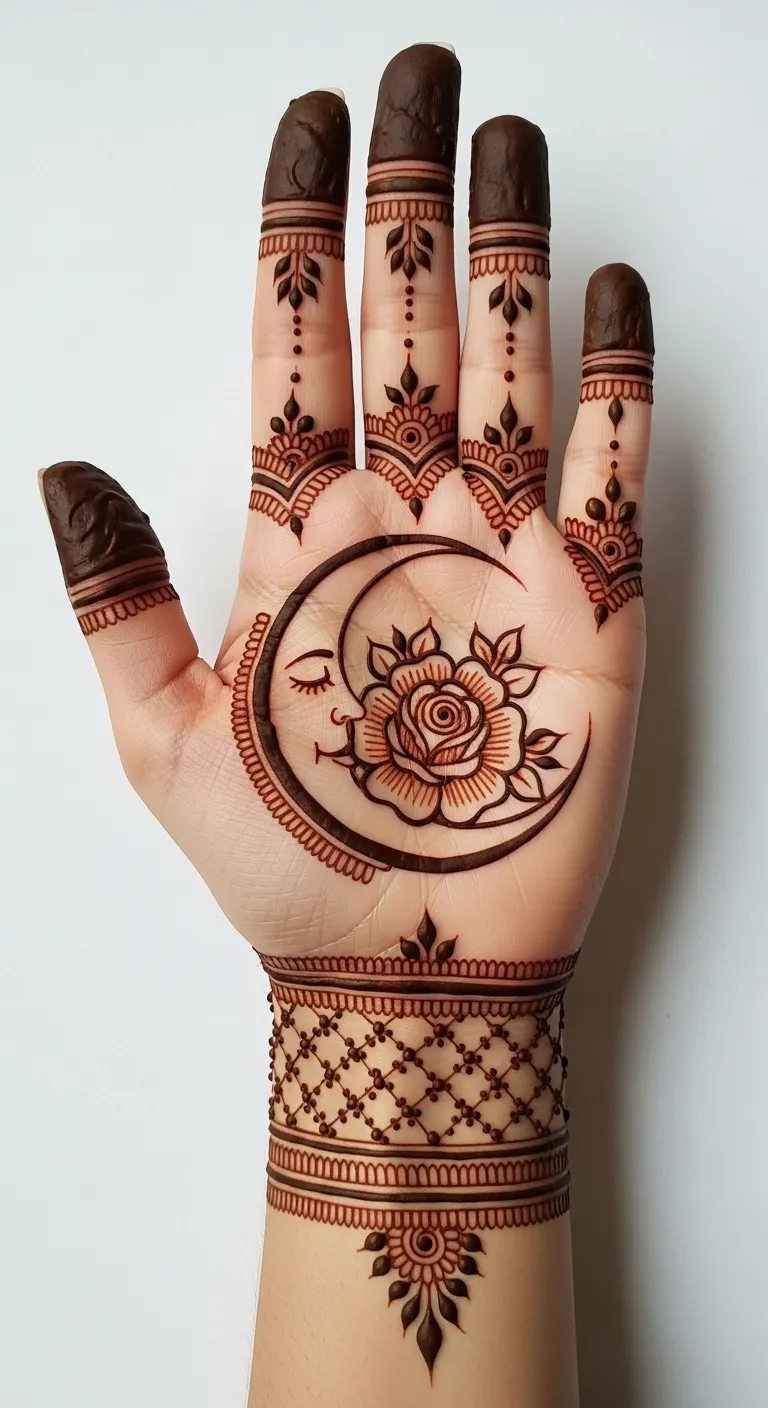 Chand mehndi design with blooming rose