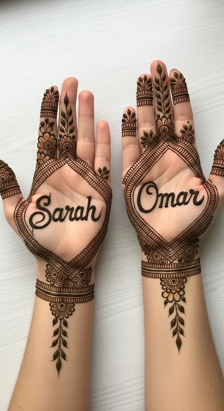 Couple name mehndi on matching palms