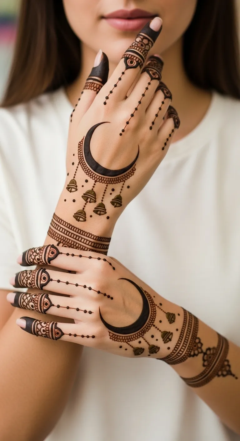 Crescent moon mehndi with hanging bells and dots