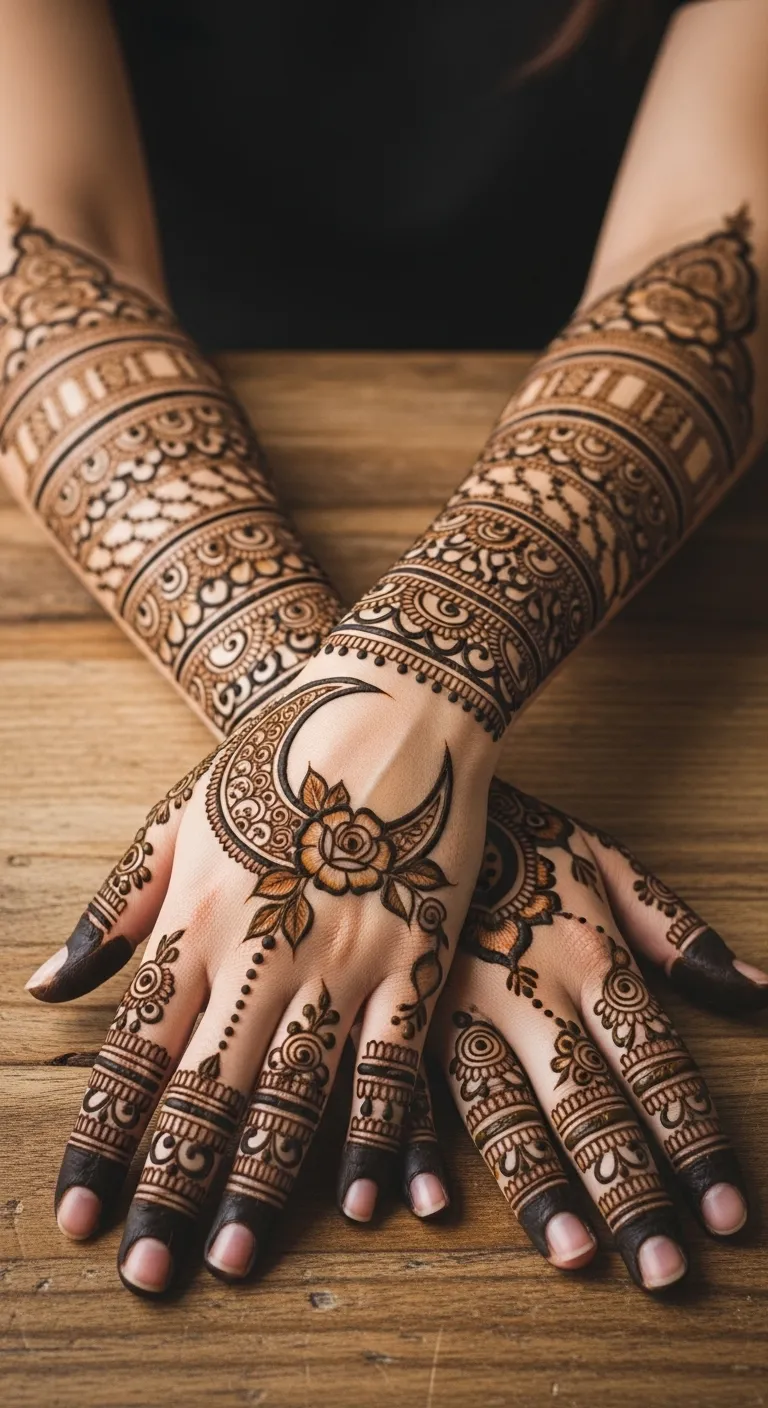Crescent moon mehndi with blooming rose on back hand