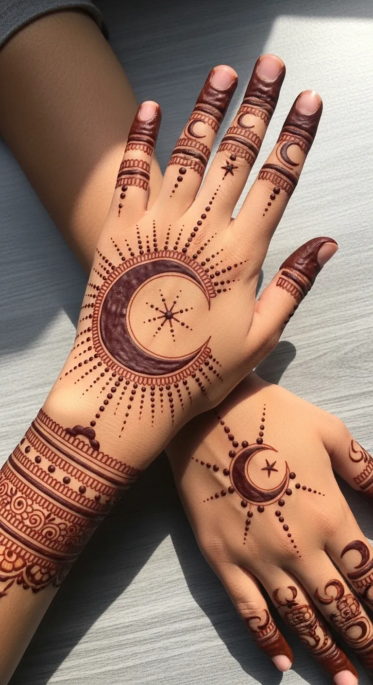 Crescent moon mehndi on back hand with dot rays