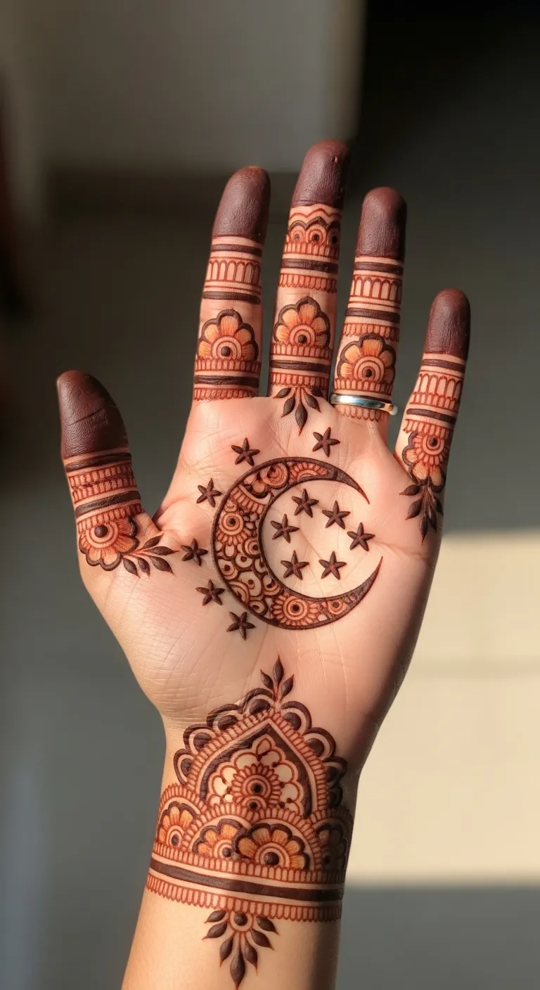 Crescent moon mehndi with five stars on back hand