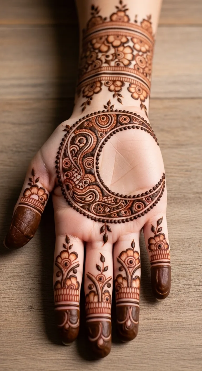 Crescent moon mehndi with paisley filling on palm