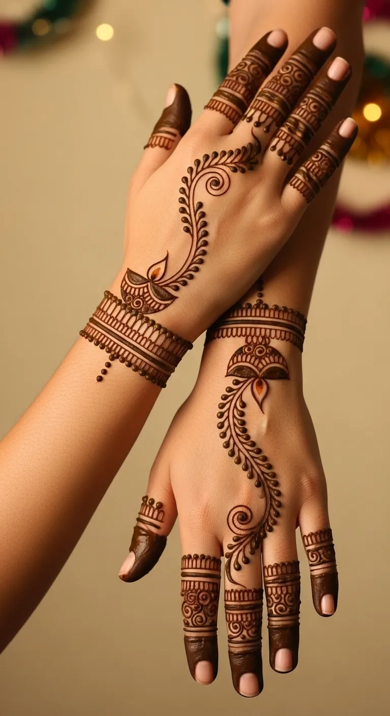 Diwali bail mehndi from wrist to finger with diya