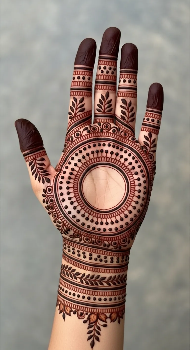 Diwali concentric circle mehndi with leaf filling