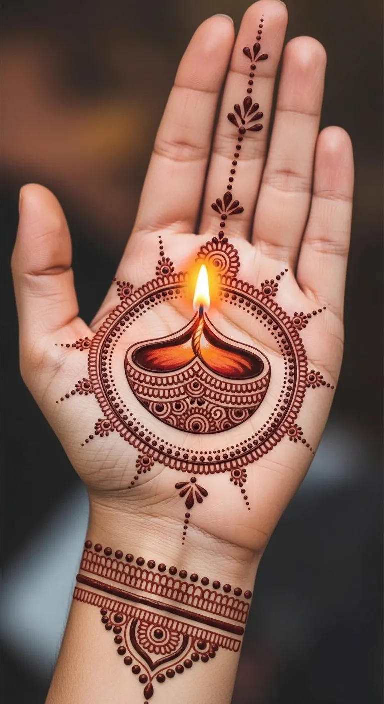 Diwali diya mehndi design on center of palm