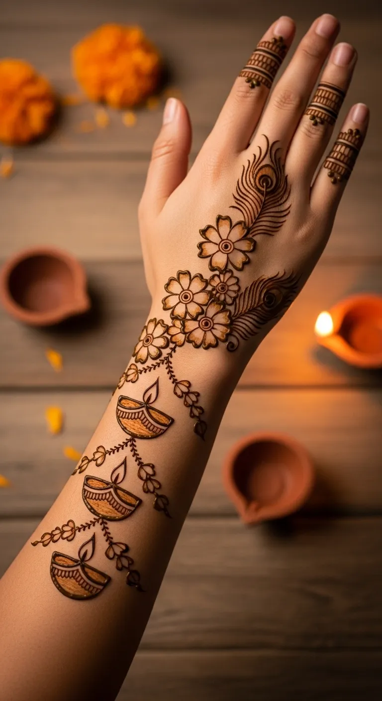 Double diya Diwali mehndi with floral chain