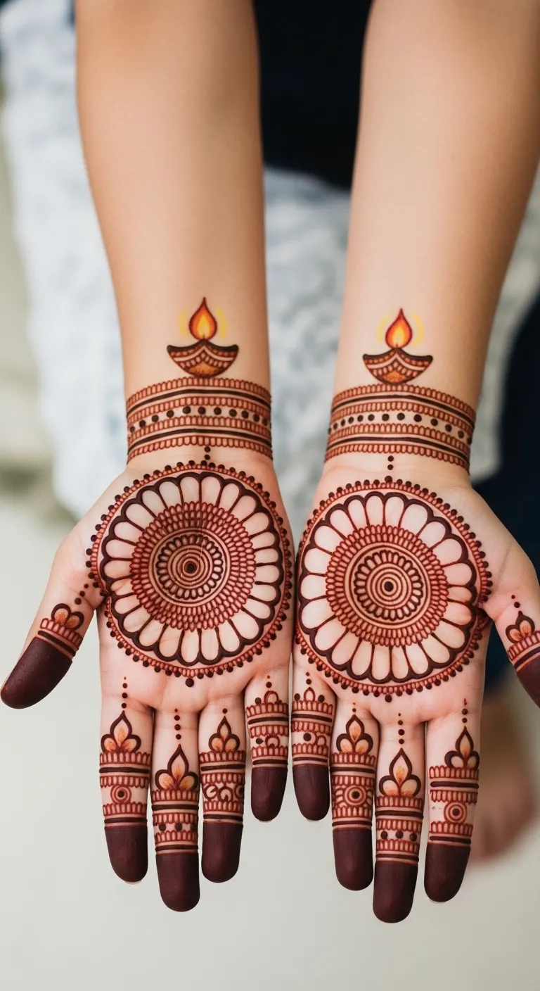 Diwali mandala mehndi on palm with diya flame