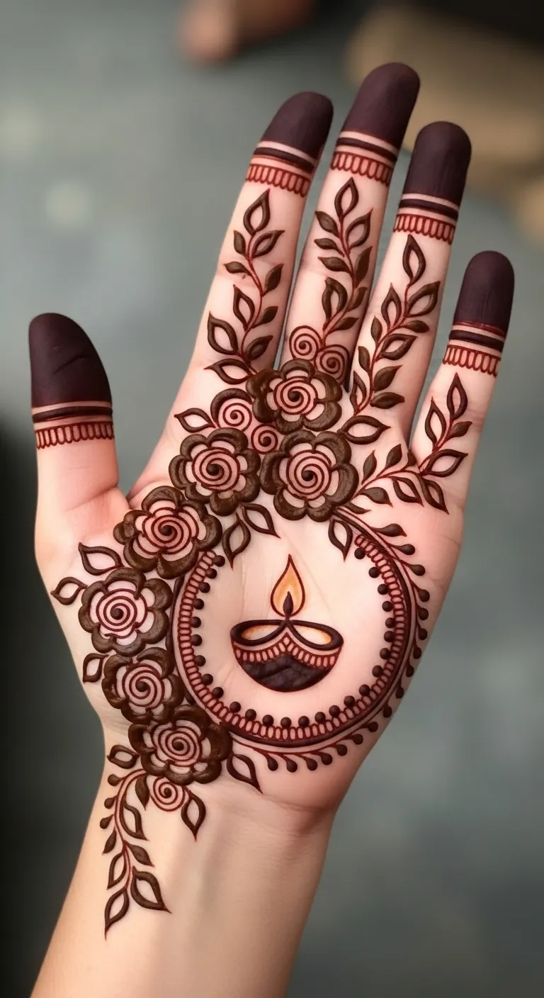 Diwali rose cluster mehndi with diya flame