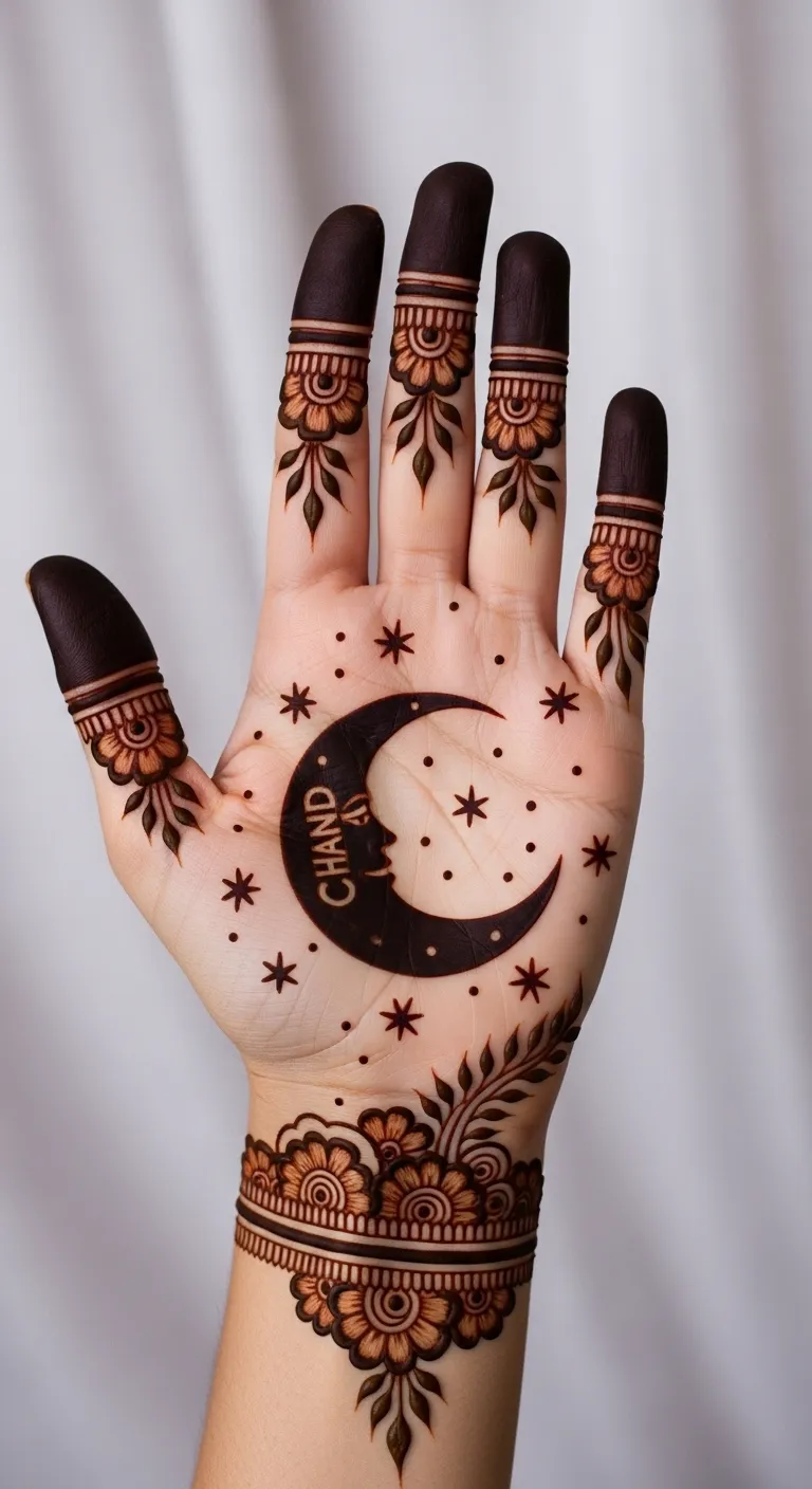 Eid chand mehndi on palm with stars