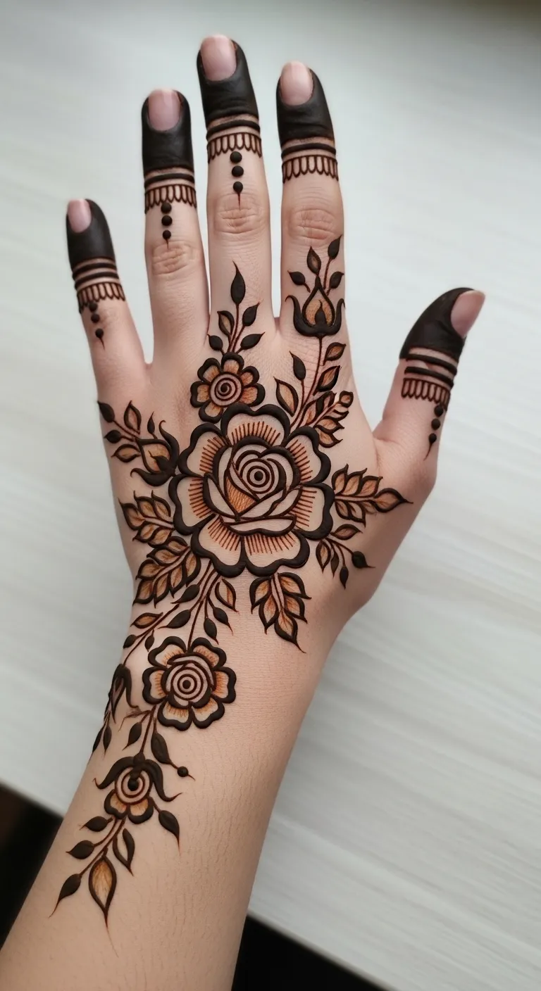 Floral half hand mehndi with big rose and small buds