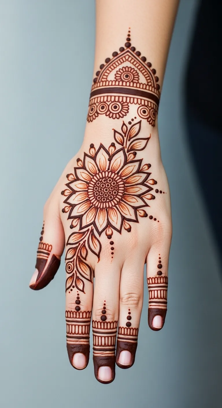 Half hand mehndi with sunflower floral design