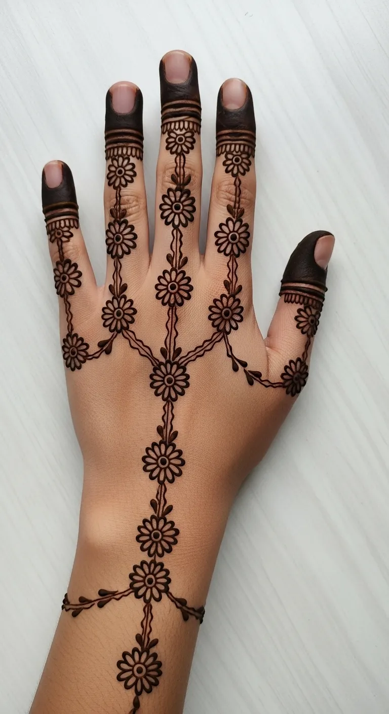 Daisy chain floral mehndi on left hand fingers