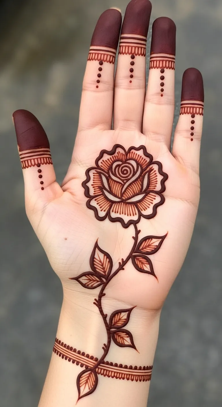 Floral left hand mehndi with large rose bloom