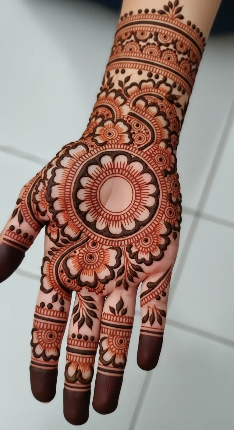 Circular floral mandala mehndi with dotted border