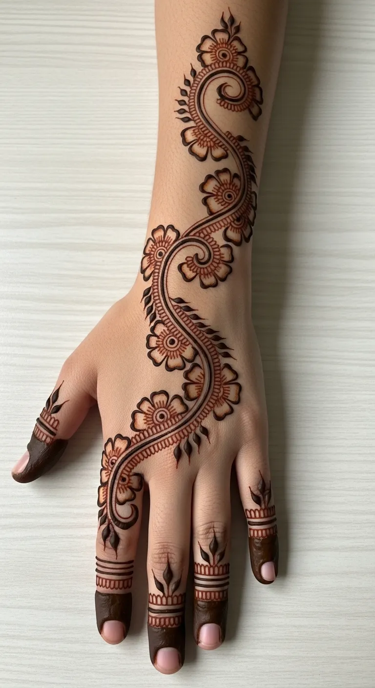 Spiral floral vine mehndi with alternating flowers