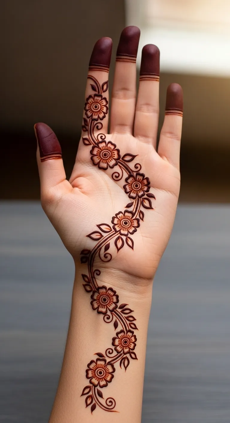 Floral vine mehndi trail from finger to wrist