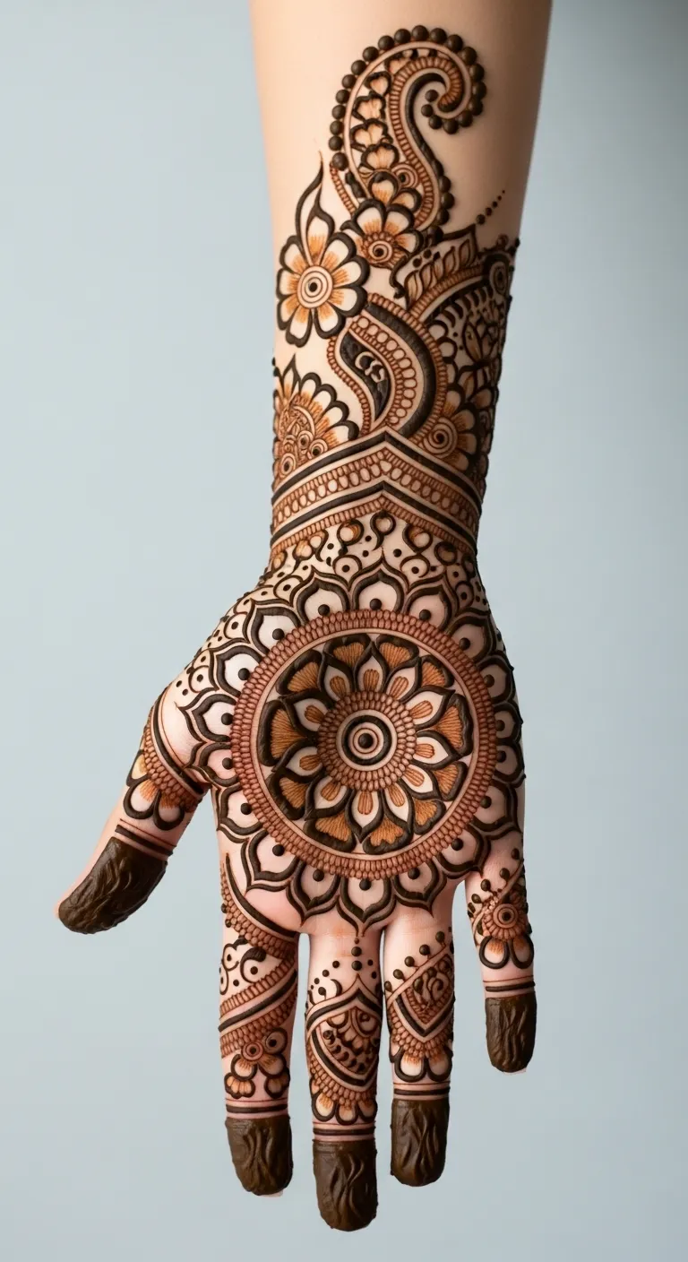 Front hand bharwa mehndi large mandala design