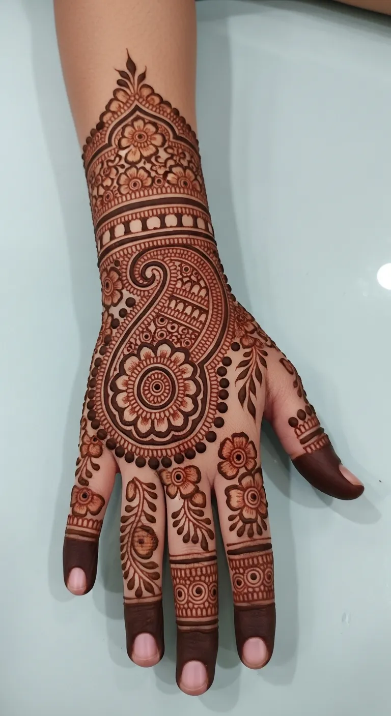 Front hand bharwa mehndi bold paisley design