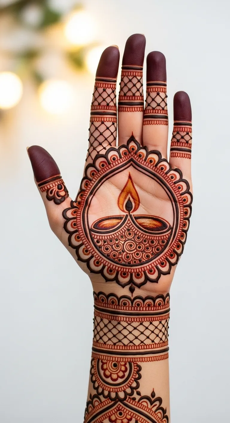 Front hand Diwali mehndi with diya and petals
