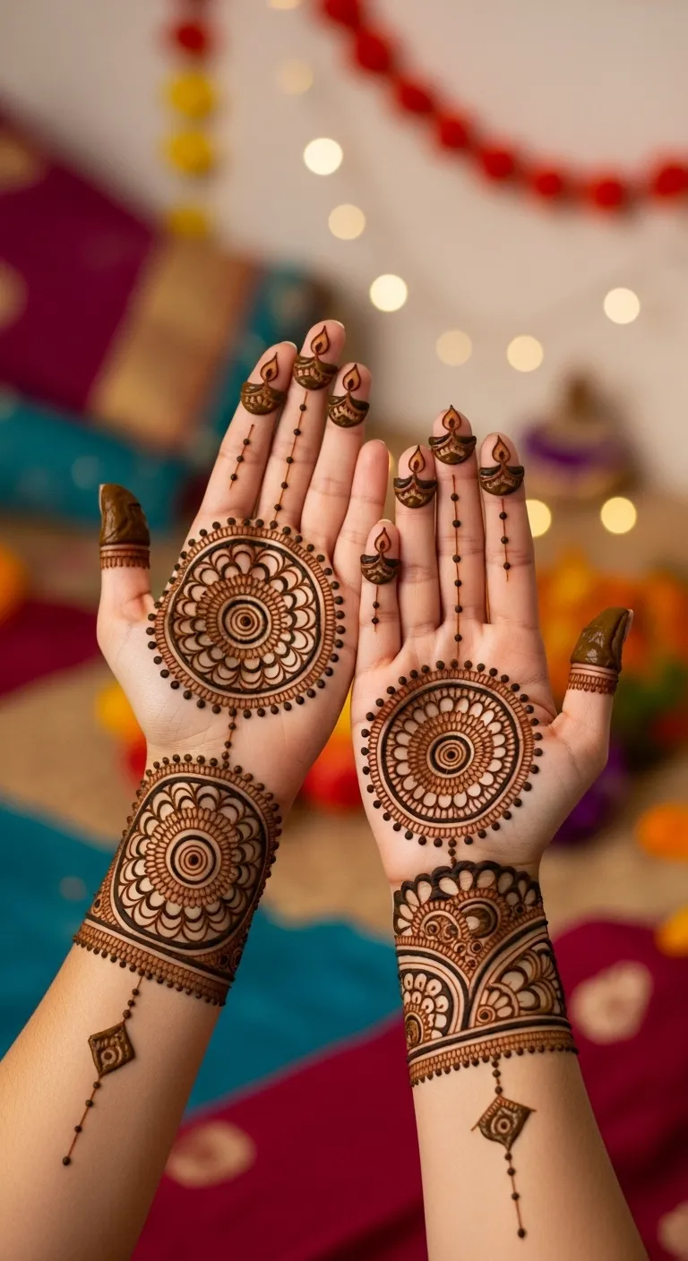 Front hand Diwali mandala mehndi with diya fingers
