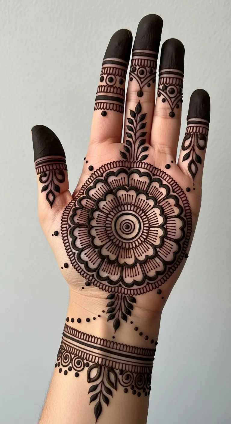 Circular flower mehndi on left front hand