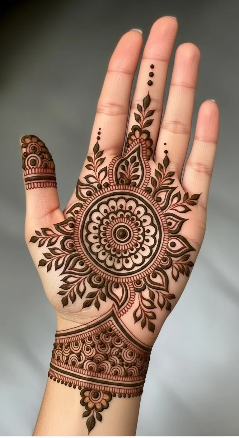 Front hand mandala paisley mehndi on left palm