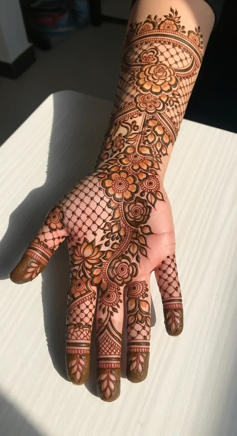 Full hand bharwa mehndi floral trail design