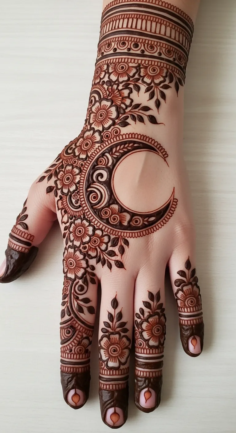 Full hand chand mehndi with floral jaal on fingers