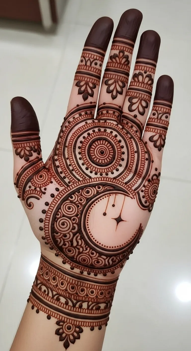 Full hand chand mehndi with mandala rings