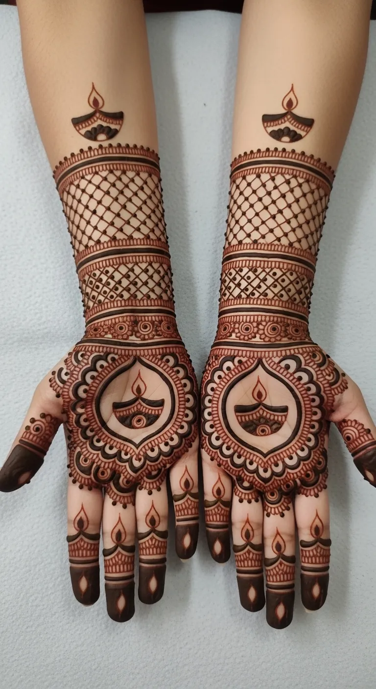 Full hand Diwali jaal mehndi with diya motifs
