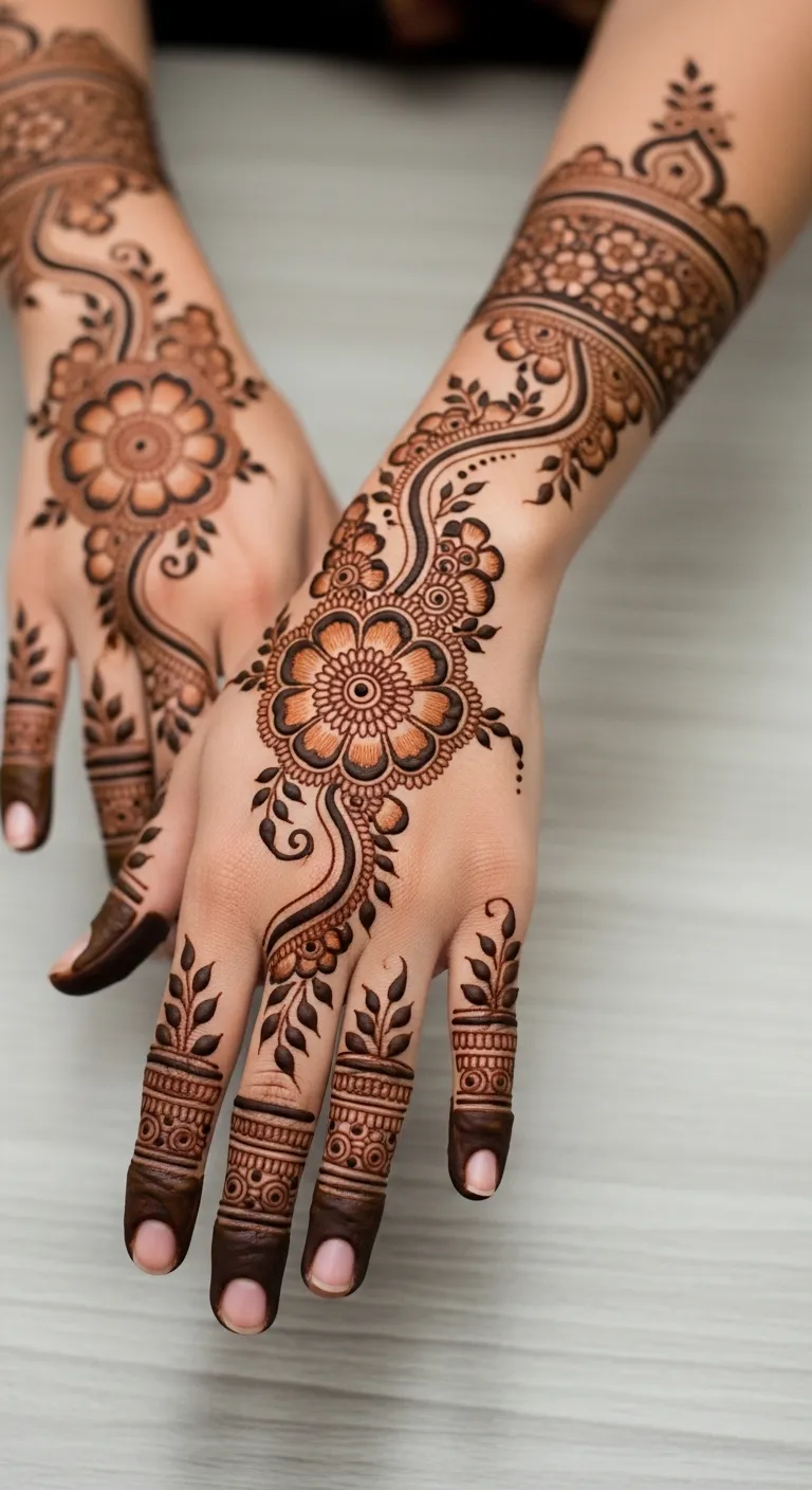 Full hand cascading floral mehndi from fingertips