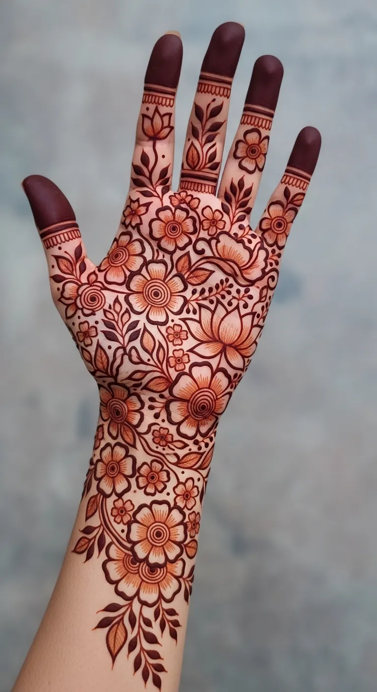 Full hand floral mehndi garden design with varied flowers