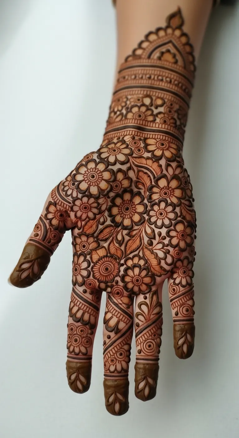 Full hand floral mehndi design on left hand