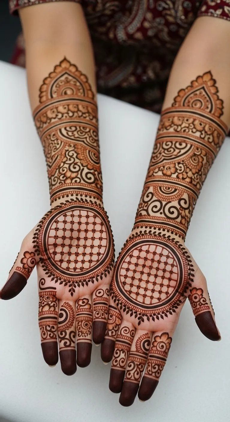 Full moon mehndi with checkered pattern and leaves