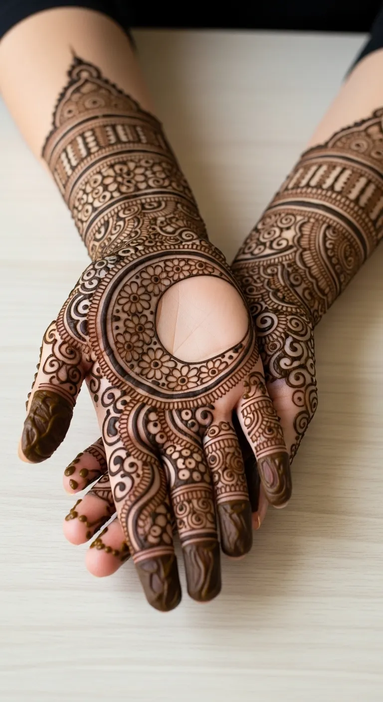 Full moon mehndi filled with daisy flowers