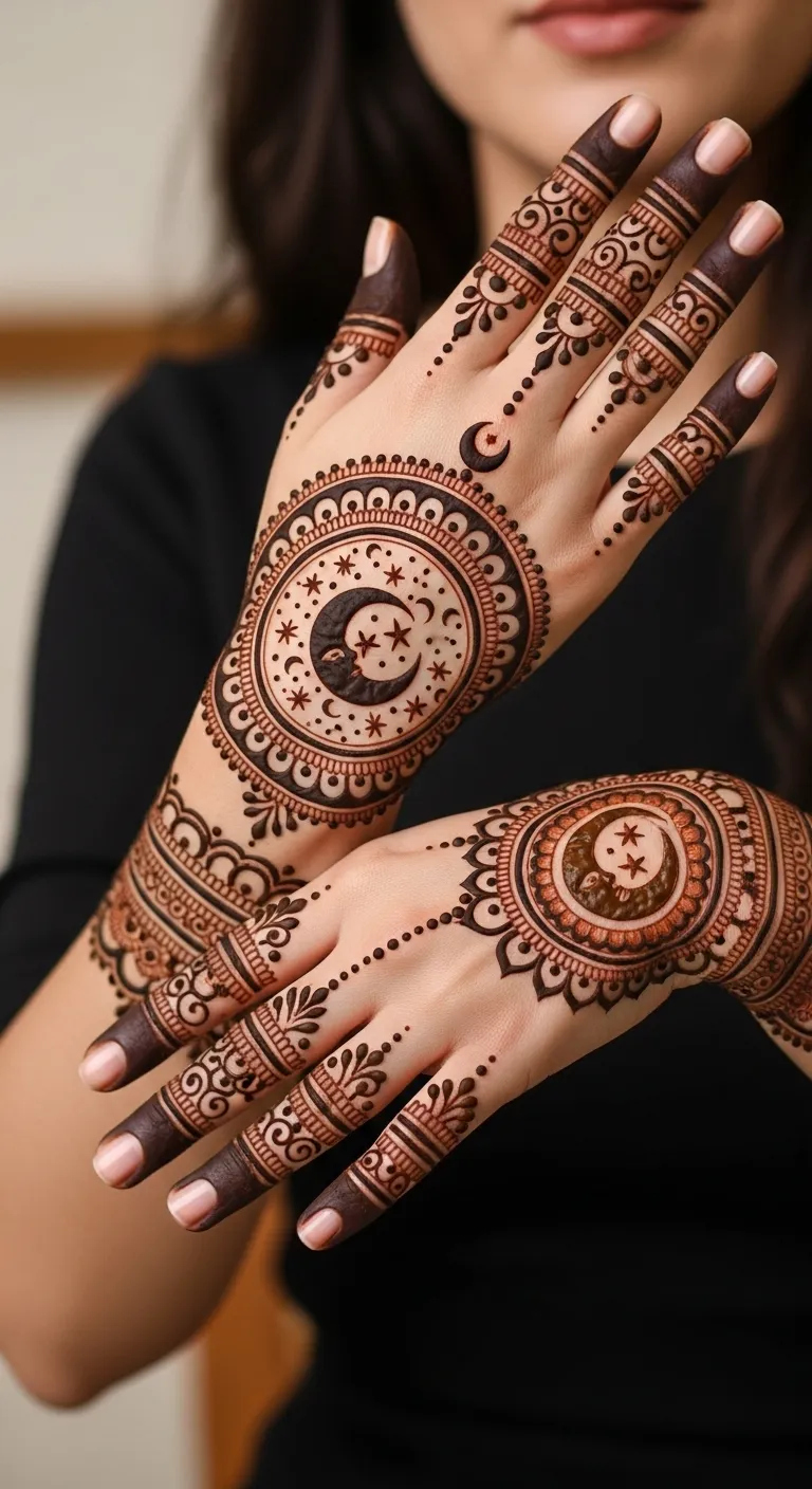 Full moon mandala mehndi extending to fingers