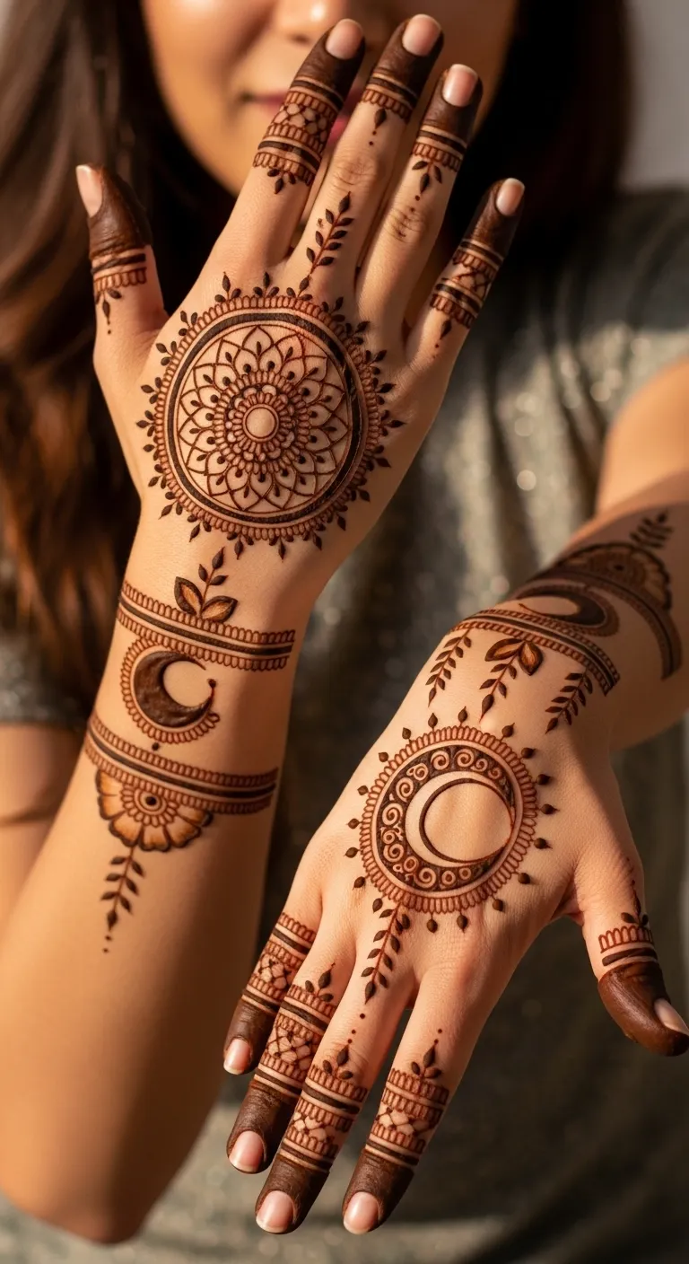 Full moon mandala mehndi design with leaf motifs