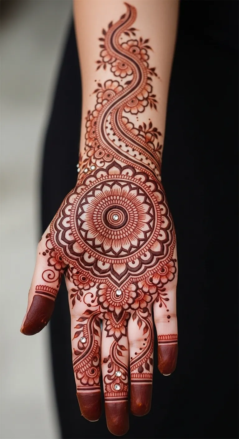 Full moon mandala mehndi with layered petal rings
