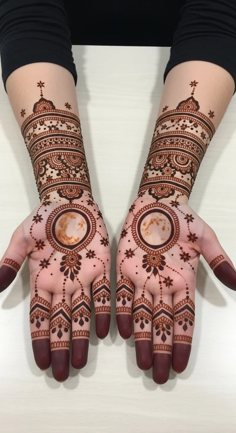 Full moon mehndi with stars scattered on fingers