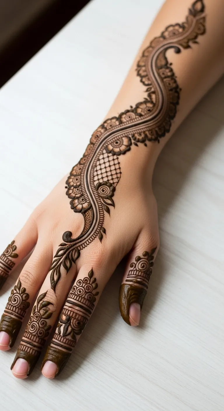 Half hand mehndi with double bail vine pattern