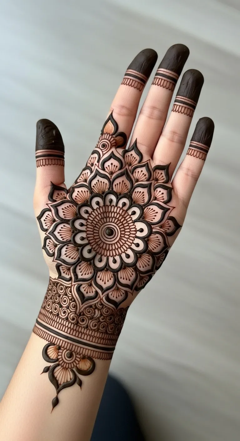Half hand circle mehndi with big mandala pattern