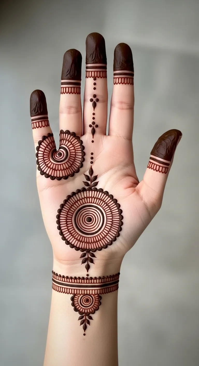 Half hand mehndi with concentric circle pattern