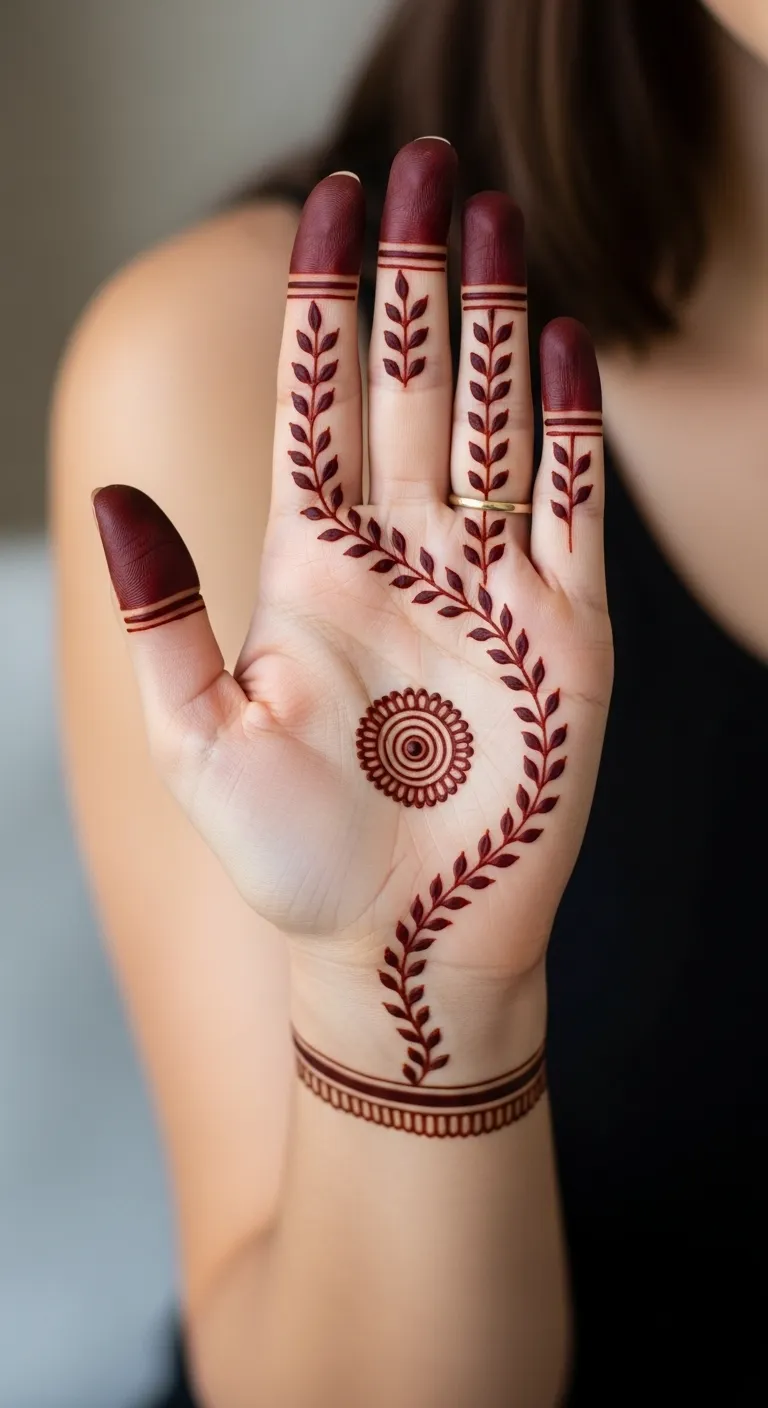 Half hand mehndi with finger leaf chain and tikki