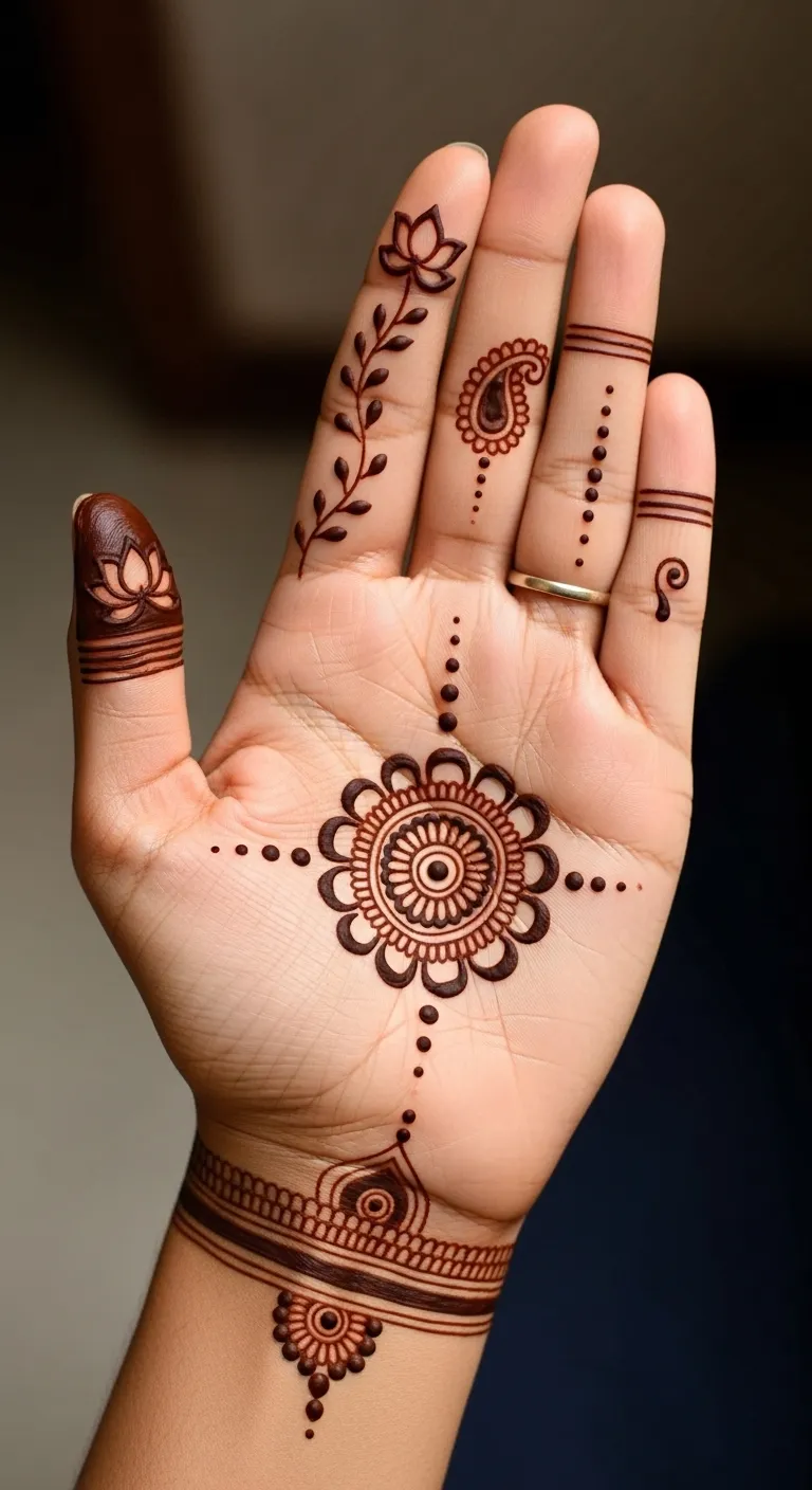 Half hand mehndi with unique motifs on each finger